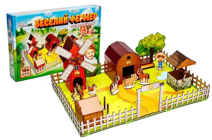 Конструктор деревянный PuzzleOk Веселый фермер 3D 106 деталей - Фото 1 Конструктор деревянный PuzzleOk Веселый фермер 3D 106 деталей - изображение 1