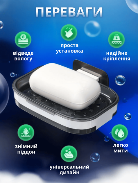 Мыльница с поддоном для воды для мыла и губок настенная самоклеющаяся SD GTM на липучке со сливом для ванной и кухни - изображение 2