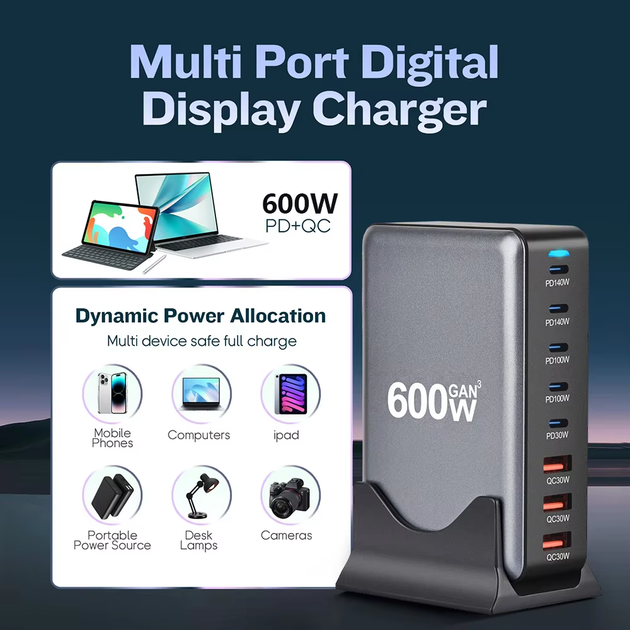 Блок живлення Type-C зарядний пристрій USB Хаб GaN 600W (600Вт) Швидка Зарядка для ноутбука та телефону PD 140W - Фото 7 Блок живлення Type-C зарядний пристрій USB Хаб GaN 600W (600Вт) Швидка Зарядка для ноутбука та телефону PD 140W - зображення 7