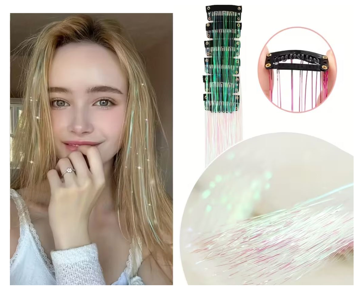 Блестящие прозрачные светло-розовые голографические пряди light pink для волос на заколках клипсах Набор 6 штук блестящие декоративные нити голографик для прически 50 см - изображение 6