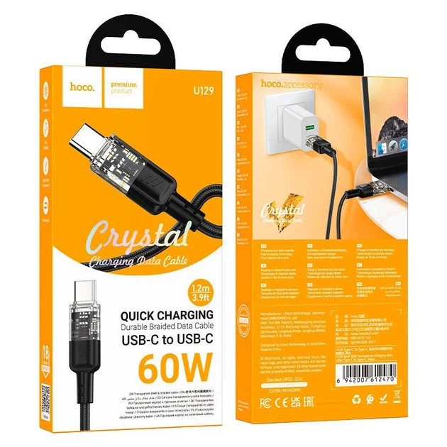 Кабель Hoco U129 Type-C текстильна оплетка 60W чорний 1.2 м для заряджання та передачі даних - Фото 2 Кабель Hoco U129 Type-C текстильна оплетка 60W чорний 1.2 м для заряджання та передачі даних - зображення 2