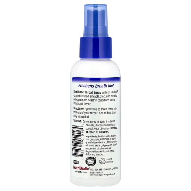 Спрей для горла с экстрактом семян грейпфрута NutriBiotic "Throat Spray with Grapefruit Seed Extract" с цинком, алоэ вера и ментолом (118 мл) - изображение 2
