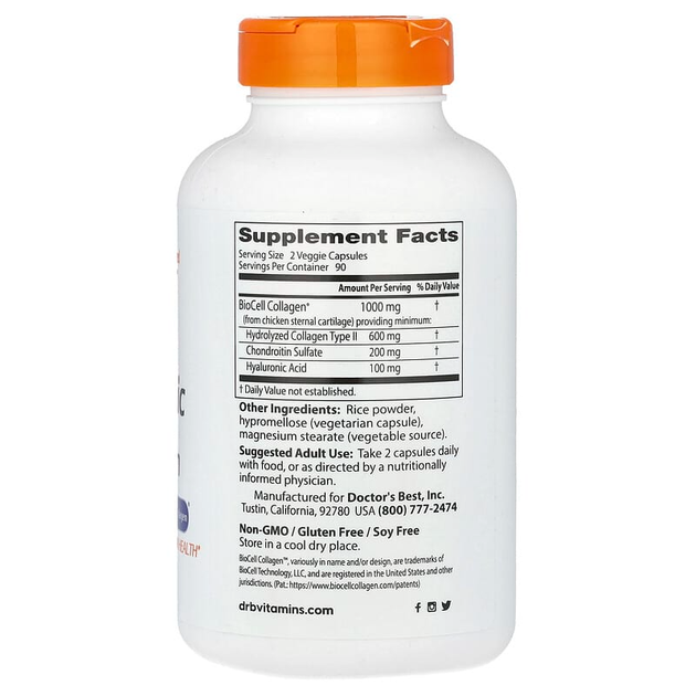 Гиалуроновая кислота и сульфат хондроитина Doctor's Best "Hyaluronic Acid + Chondroitin Sulfate" хондропротектор (180 капсул) - изображение 2