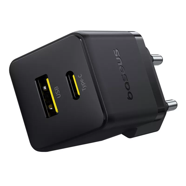 Мережевий зарядний пристрій Baseus Palm Fast Charger USB-C + USB-A 20W EU Cluster Black - зображення 4