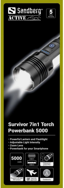 Ліхтарик-повербанк Sandberg Survivor 7 in 1 Torch Powerbank 5000 мА·год LED Чорний (SAND_421-08) - зображення 5