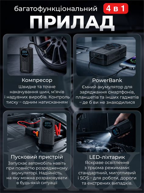 Портативний пусковий пристрій Універсальний Чорний 1000A 8000 mAh з інтелектуальним компресором, ліхтарем та PowerBank - зображення 2