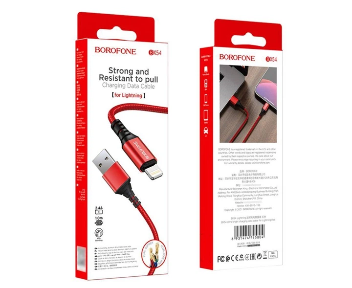 Кабель USB Borofone BX54, USB to Lightning, 2.4А, 1m, червоний - зображення 3