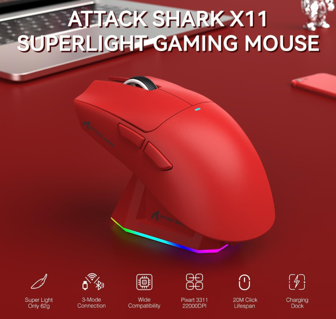 Ігрова миша attack shark x11 red - зображення 4