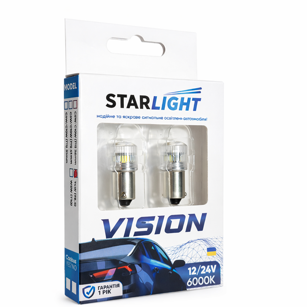 Комплект світлодіодних ламп StarLight Vision T4W (T8.5) S3 LED 360° BA9s WHITE 6000K 12/24V - изображение 6