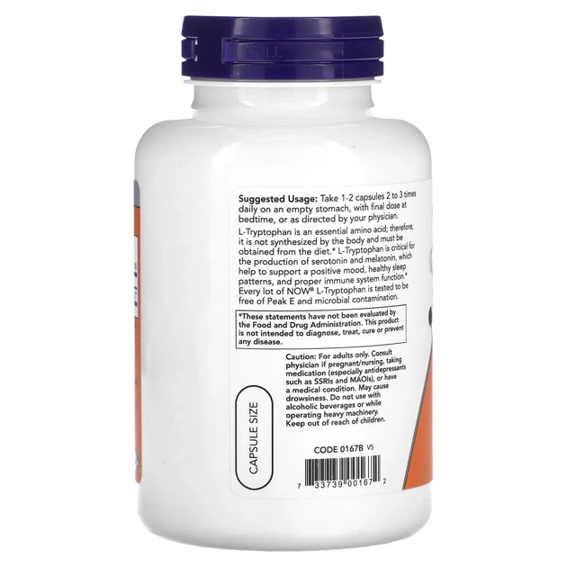 L-триптофан NOW Foods (L-Tryptophan) 500 мг 120 веганських капсул (NOW-00167) - изображение 3