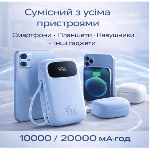 Power Bank Baseus PD 45W 20000 mAh з вбудованим кабелем USB-C / Lightning, швидка зарядка Blue - зображення 3