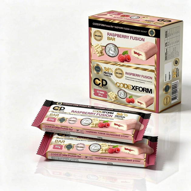 Протеиновый батончик CODEXFORM Raspberry Fusion. 12 штук в коробке. Без сахара. 36% протеина. Формула сочетает молочный протеин и гидролизованный коллаген. Вкус йогурта с малиной в натуральном белом шоколаде. Удобный источник качественного белка. - изображение 10