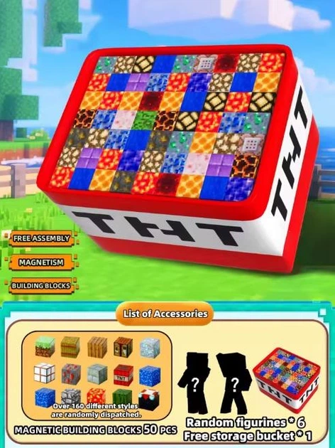 Магнитный Minecraft конструктор, кубики-блоки 50 штук, 6 фигурок, бокс TNT для хранения mncf50 - изображение 2
