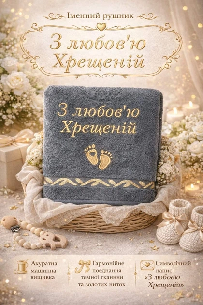 Рушник махровий з вишивкою «З любов’ю Хрещеній» – подарунковий рушник для хрещеної мами 70/140 см - Фото 1 Рушник махровий з вишивкою «З любов’ю Хрещеній» – подарунковий рушник для хрещеної мами 70/140 см - изображение 1