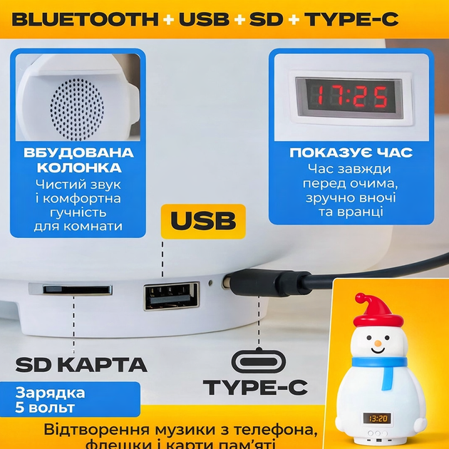 Детский аккумуляторный ночник-Снеговик с RGB-подсветкой, Bluetooth-колонкой и функцией часов - изображение 2