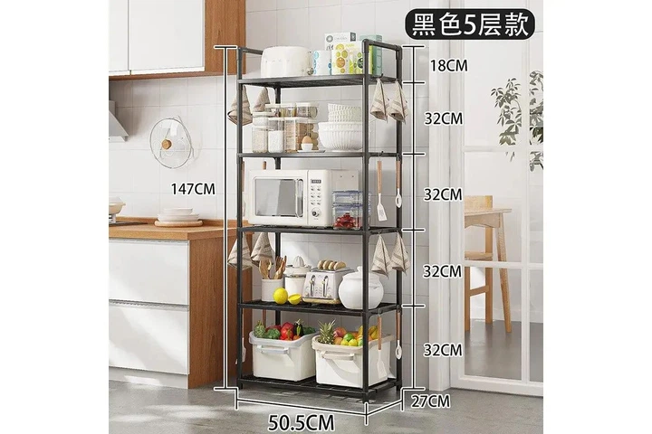 Полка этажерка на 5 ярусов, для кухни, ванной или гостиной TVT-04 147х50.5х27 см, с крючками, металлическая, черная - Фото 3 Полка этажерка на 5 ярусов, для кухни, ванной или гостиной TVT-04 147х50.5х27 см, с крючками, металлическая, черная - изображение 3