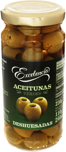 Оливки Excelencia зеленые без косточки 340/360 240 мл (8410971033938) - Фото 1 Оливки Excelencia зеленые без косточки 340/360 240 мл (8410971033938) - изображение 1