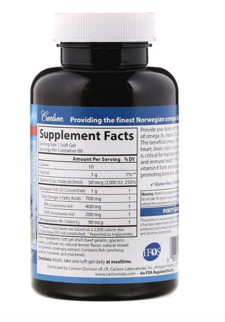Биодобавка Carlson Labs Омега-3 с витаминами D и K (Elite Omega-3 D & K) 60+30 капсул со вкусом лимона CAR17540 - изображение 3