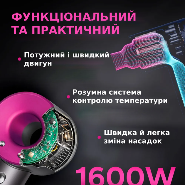 Профессиональный мощный фен мультислайсер 5в1 для волос и укладки, 4 режима нагрева 3 скорости 1600W TC - изображение 3