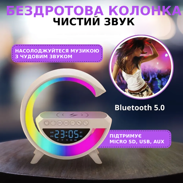 Смарт-лампа-нічник 6в1 з Bluetooth Колонкою LED настільна з будильником, бездротовою зарядкою та радіо TC - зображення 2