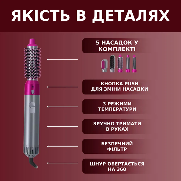 Професійний фен-стайлер 5в1 щітка, випрямляч для укладання та завивання волосся з насадками TC - зображення 2