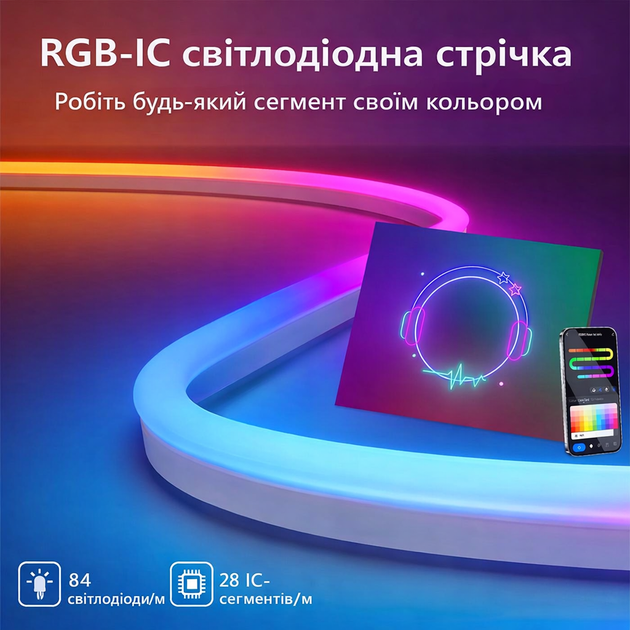 Умная гибкая неоновая светодиодная лента Neon LED RGB-IC с Bluetooth USB и синхронизацией музыки 5 метров Водостойкий смарт гибкий неон SMD5050 с пультом и блютуз приложением 5 вольт совместимость с Авто ТВ ПК - изображение 3