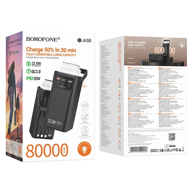 Павербанк Borofone BJ65B 80000 mAh 22.5W зі швидкою зарядкою PD20W+QC22.5W ліхтарем та вбудованими кабелями Type-C/Lightning/Micro/USB Black - зображення 9