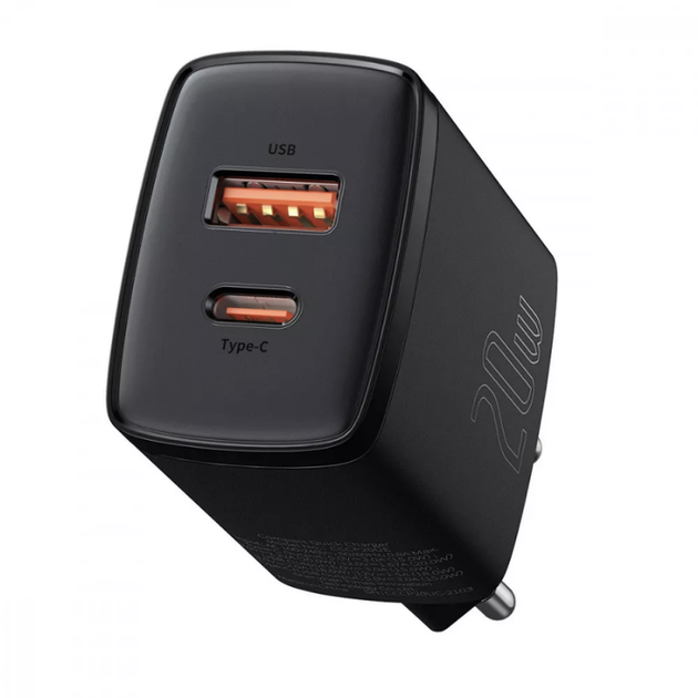 Сітчасте зарядне пристрій Baseus Compact Quick Charger 20W QC+PD 1Type-C + 1USB Чорний - Фото 2 Сітчасте зарядне пристрій Baseus Compact Quick Charger 20W QC+PD 1Type-C + 1USB Чорний - зображення 2