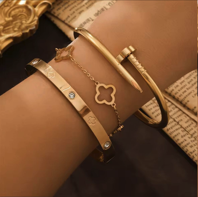 Набір браслетів 3 шт GONCHAR & CO. Цвях + Клевер + Cartier з камінцями (позолота 18K) 51-003 - зображення 2