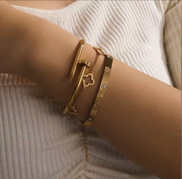 Набір браслетів 3 шт GONCHAR & CO. Цвях + Клевер + Cartier з камінцями (позолота 18K) 51-003 - зображення 4
