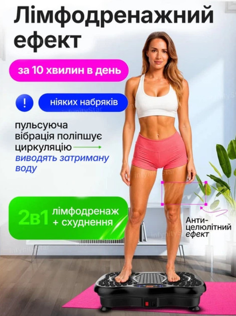 Віброплатформа тренувальна з еспандерами та пультом керування фітнес тренажер для схуднення і зміцнення м’язів 200Вт 150кг з LED дисплеєм Bluetooth USB 99 швидкостей 5 програм чорна - зображення 3