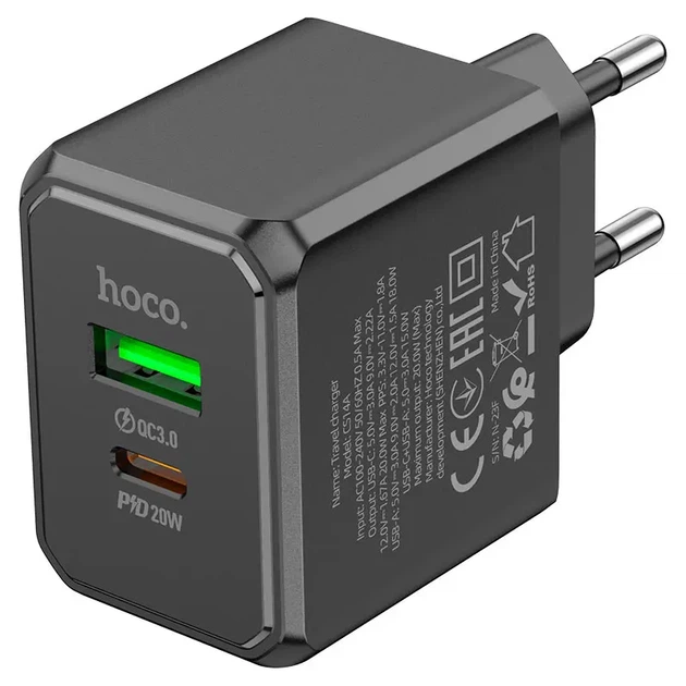 Мережеве зарядне HOCO CS14A QC3.0 PD 20W black - Фото 1 Мережеве зарядне HOCO CS14A QC3.0 PD 20W black - изображение 1