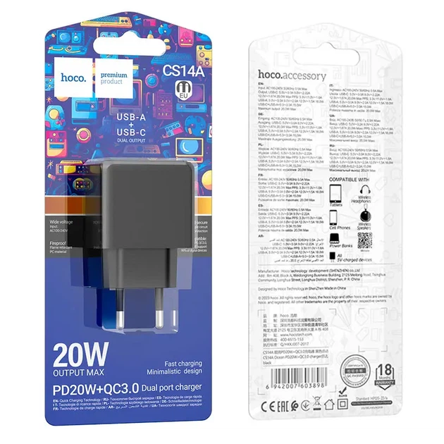 Мережеве зарядне HOCO CS14A QC3.0 PD 20W black - Фото 4 Мережеве зарядне HOCO CS14A QC3.0 PD 20W black - изображение 4