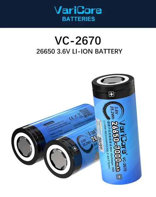 Акумулятор VariCore 26650 3,6V 7000mAh VC-2670, високотоковий 35A - Фото 2 Акумулятор VariCore 26650 3,6V 7000mAh VC-2670, високотоковий 35A - зображення 2