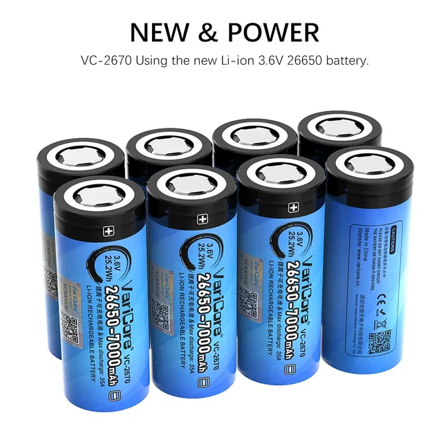 Акумулятор VariCore 26650 3,6V 7000mAh VC-2670, високотоковий 35A - Фото 5 Акумулятор VariCore 26650 3,6V 7000mAh VC-2670, високотоковий 35A - зображення 5