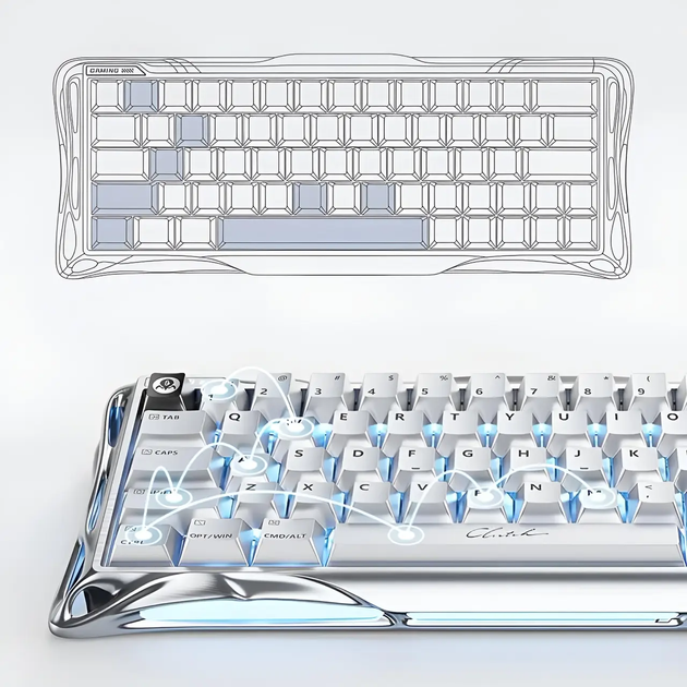 Ігрова дротова магнітна клавіатура GravaStar Mercury V60 Pro Deluxe Edition / Magnetic GravaStar UFO Switch / with Keycap Set / Chrome Silver - Фото 8 Ігрова дротова магнітна клавіатура GravaStar Mercury V60 Pro Deluxe Edition / Magnetic GravaStar UFO Switch / with Keycap Set / Chrome Silver - зображення 8