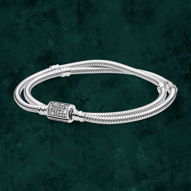 Посріблений браслет подвійний з блискучою застібкою Pandora (Пандора) 599544C01 18 - Фото 1 Посріблений браслет подвійний з блискучою застібкою Pandora (Пандора) 599544C01 18 - зображення 1
