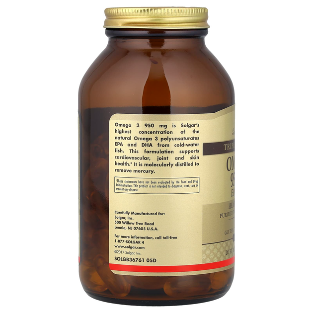 Риб'ячий жир SOLGAR "Omega 3 EPA & DHA" жирні кислоти омега 3, 950 мг (100 гельових капсул) - зображення 3