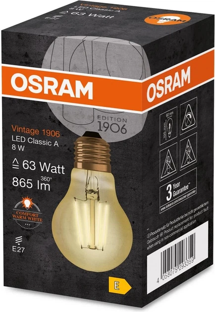 Світлодіодна лампа OSRAM Vintage 1906 Classic A63 Filament 7.5 Вт 824 Gold E27 (4058075293359) - зображення 2