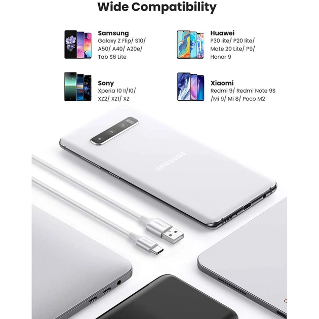 Дата кабель USB 2.0 AM to USB-C 0.25m 3A braided US288 white Ugreen (60129) - Фото 5 Дата кабель USB 2.0 AM to USB-C 0.25m 3A braided US288 white Ugreen (60129) - изображение 5