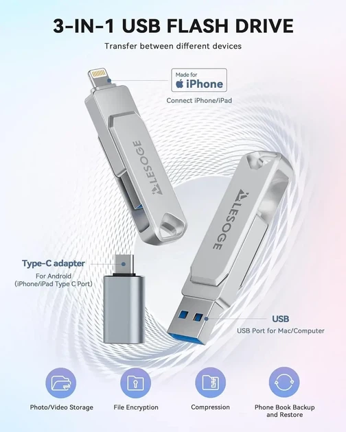 USB-накопитель LESOGE Apple MFi Certified USB Flash Drive 128 ГБ, Amazon, Германия - Фото 7 USB-накопитель LESOGE Apple MFi Certified USB Flash Drive 128 ГБ, Amazon, Германия - изображение 7
