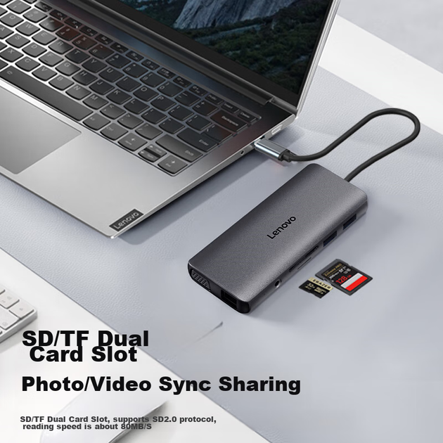 USB-хаб Lenovo 0801Pro 11-в-1 Type-C PD, USB 3.0, HDMI, VGA, Ethernet, кардрідер - зображення 6
