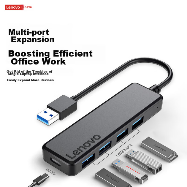 USB-хаб Lenovo, конвертер інтерфейсу 3.0, високошвидкісний 4-портовий розширювач, USB-адаптер для розширення док-станції, концентратор-хаб, USB-подовжувач, док-станція розширення, підходить для ноутбуків та настільних комп'ютерів - изображение 4