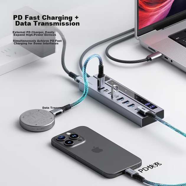 Багатопортова розширювальна док-станція Hagibis, концентратор Type-C, USB-розгалужувач, конвертер-хаб, швидка зарядка PD, незалежне джерело живлення з перемикачем-адаптером, підходить для комп'ютерів Apple та ноутбуків Mac - зображення 6