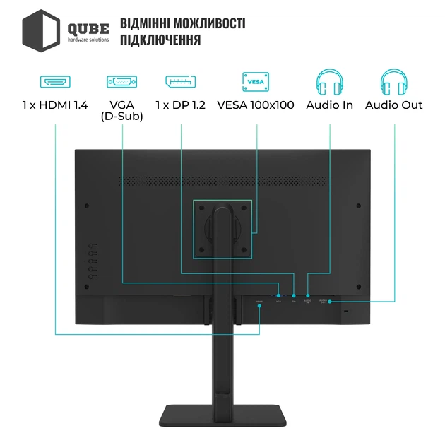 Монітор 27" Qube B27F120HS (FHD) 1920×1080 IPS 120Hz 1ms, 8-Bit, 400cd/m², HAS, Pivot, Speakers, HDMI, DP, VGA, VESA*100, External PS 12V/3A - изображение 3