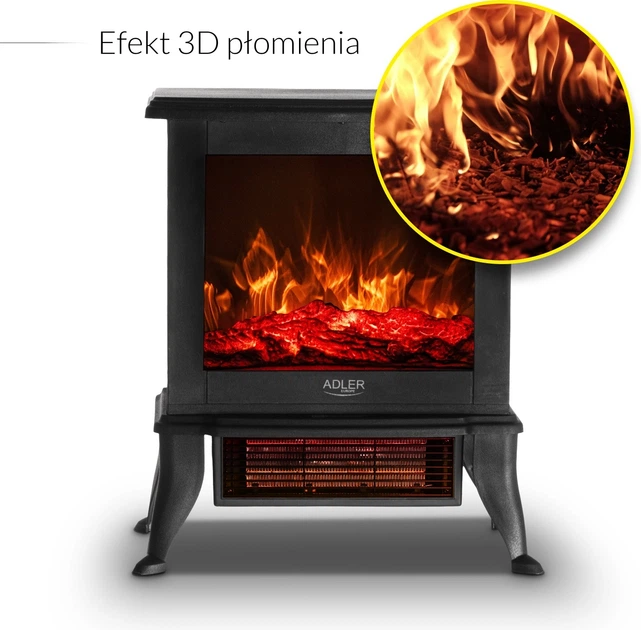 Kominek elektryczny Adler AD 7754 1000W / 1800W z efektem 3D płomienia (5905575910059) - obraz 8