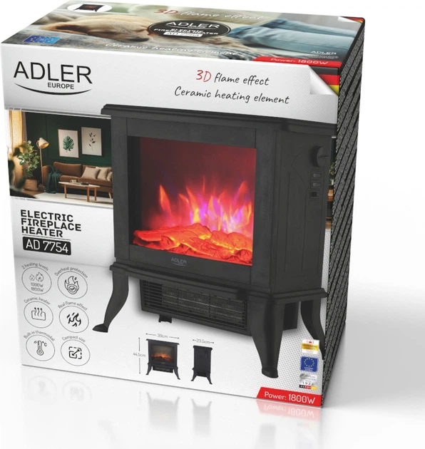 Kominek elektryczny Adler AD 7754 1000W / 1800W z efektem 3D płomienia (5905575910059) - obraz 16
