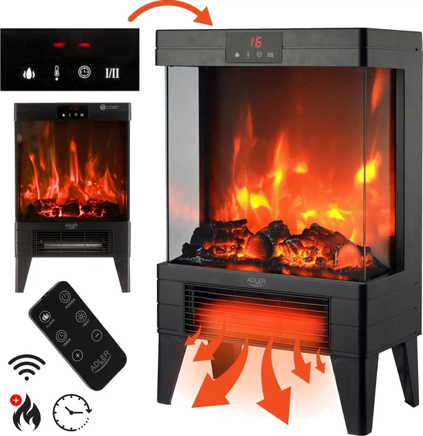 Kominek elektryczny Adler AD 7755 LED 1000 W/2000 W z pilotem i efektem 3D płomienia (5905575910066) - obraz 9