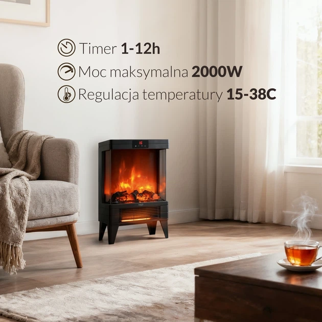 Kominek elektryczny Adler AD 7755 LED 1000 W/2000 W z pilotem i efektem 3D płomienia (5905575910066) - obraz 11