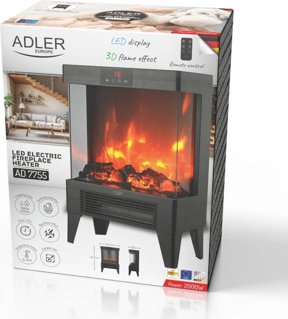 Kominek elektryczny Adler AD 7755 LED 1000 W/2000 W z pilotem i efektem 3D płomienia (5905575910066) - obraz 16